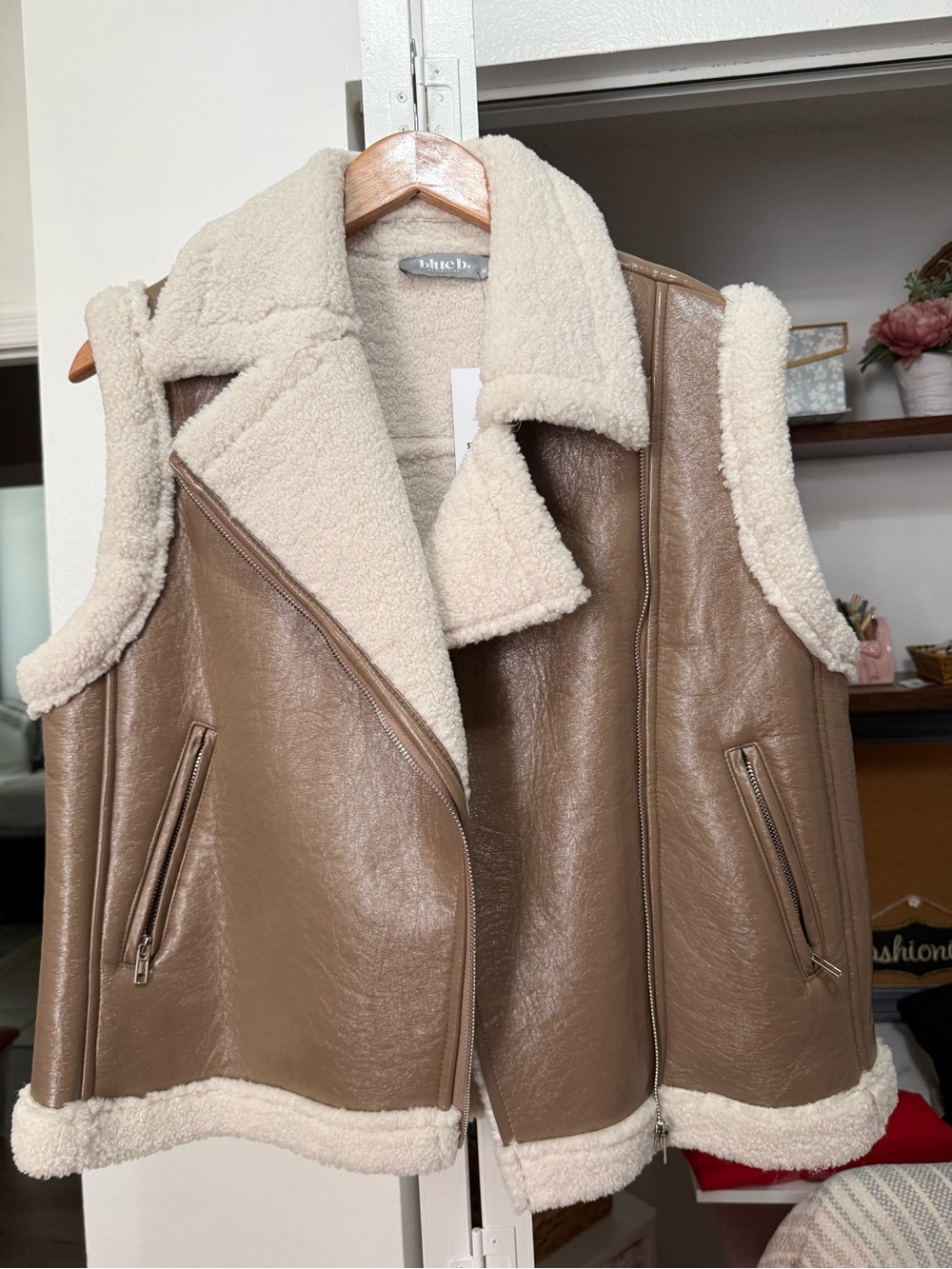 Taupe Faux-Leather Shearling-Lined Vest with Cream Trim